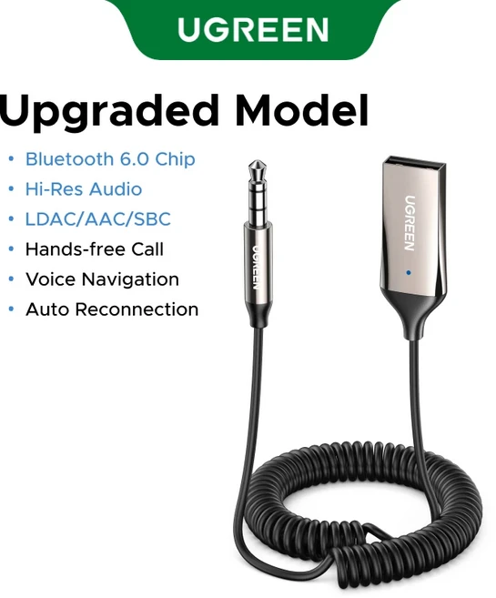 UGREEN Aux to 블루투스 6.0 어댑터 3.5mm 리시버 LDAC 하이 레졸루션 오디오 차량용 USB 잭 키트 마이크, 01 빠른, 01 Bluetooth 6.0