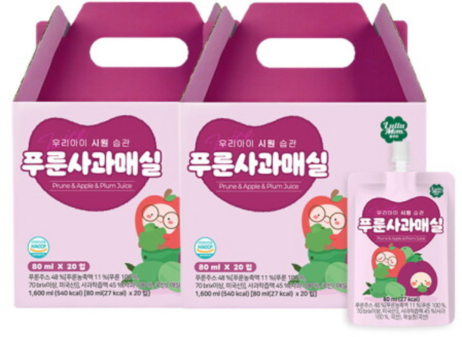[룰루맘] 우리아이 시원습관 푸룬사과매실 주스 2박스(80mlx40봉), 80ml
