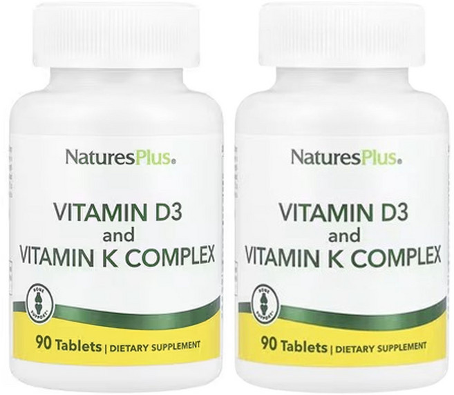 NaturesPlus 비타민D3 & K2 / 뼈 관절 면역 항산화 심혈관 건강, 2개, 90정