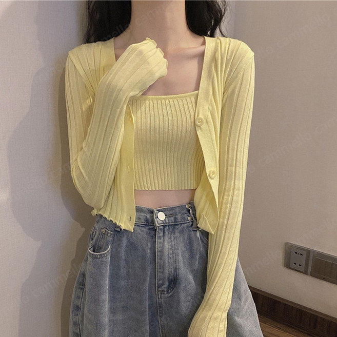 cammello 봄여름 미니멀 골지 크롭 나시 + 가디건 레이어드 세트 데일리룩