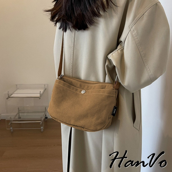 HanVo 素色休閒帆布肩背包 上課上班收納包 女生配件 C05-1086