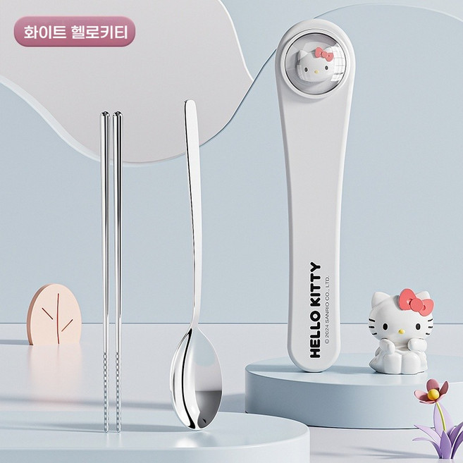 Sorpci 산리오 스테인리스강 휴대용 식기 세트 학생용 수저 투피스, 1개, 젓가락+숟가락, 화이트 헬로키티