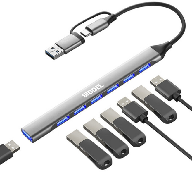 시그델 슬림형 7in1 USB 3.0 C타입 겸용 멀티 허브 7포트 USB*7 젠더 C to USB 노트북 컴퓨터 확장 포트 UH-05, 메탈실버