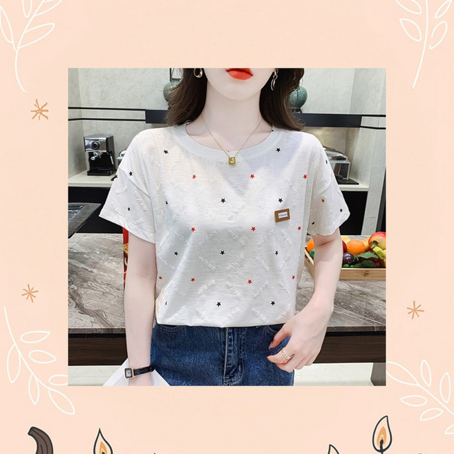 별자수 코튼소재 여성반팔 루즈핏티 반팔티셔츠 입체레터링 라운드넥
