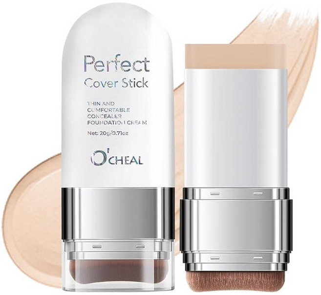 O'CHEAL 컨실러 파운데이션 스틱 2 in 1 롱래스팅 스틱 컨실러 브러시 포함 다크 서클 및 잡티를 위한 풀 커버리지 페이스 컨투어 08#옐로우 컴플렉션, 03 라이트 컴플렉션