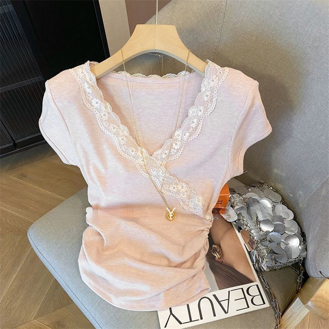 해피유통어린이 여자 레이스 장식 브이넥 반팔 티셔츠 사랑스럽고 귀여운 스타일14세 이상 XG03