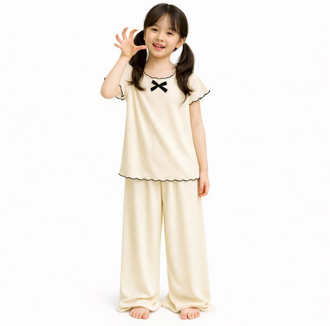 HANTEM 여아용 프릴 반팔 실내복 상하의 세트 아이스 실크 잠옷 파자마