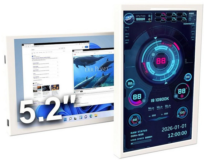 WOWNOVA 5.2인치 Customizabe LCD 스크린 내부 PC 케이스 스크린 컴퓨터 설정용 - 맞춤형 PC 온도 디스플레이 패널 GPU CPU FPS RAM HDD, 화이트