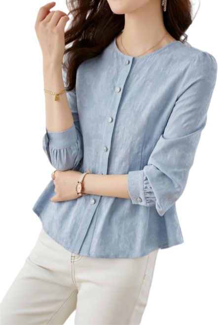 Makone 여성 노카라 라운드넥 프렌치 허리주름 패치 심플 블라우스