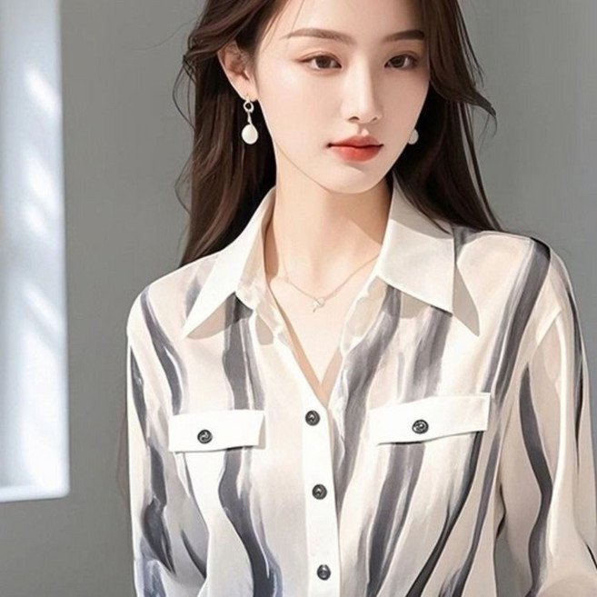 Vezri 여성용 봄 여름 화이트 스트라이프 시크 슬림핏 캐주얼 예쁜 블라우스