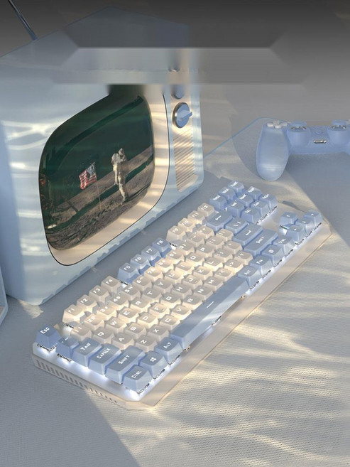 [화이트 감성] 텐키리스키보드 87키 사무용 게임용저소음키보드, 화이트흰빛 87키 핫스왑, 청축 경쾌한 타건음, 아니요, 청축