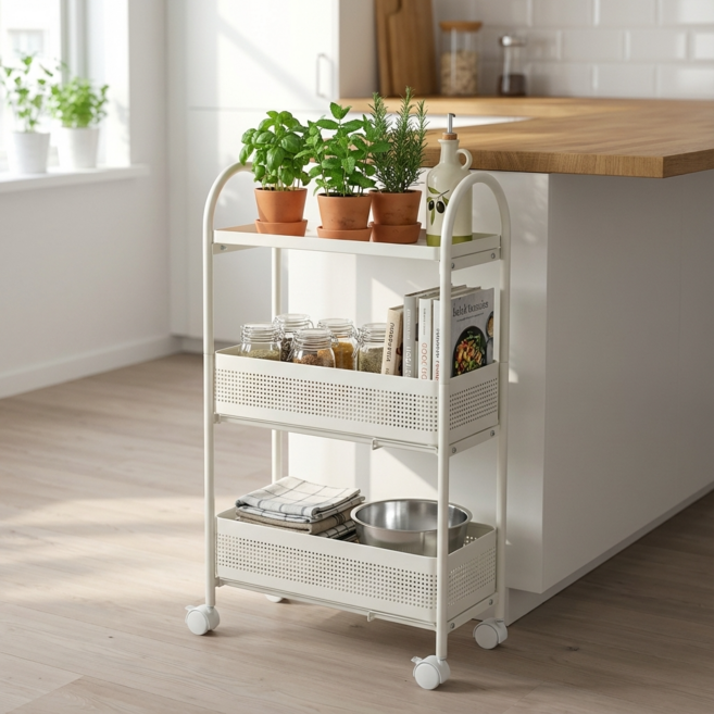 르엘 슬림 이동식 선반 틈새 트롤리, 3단, 아이보리
