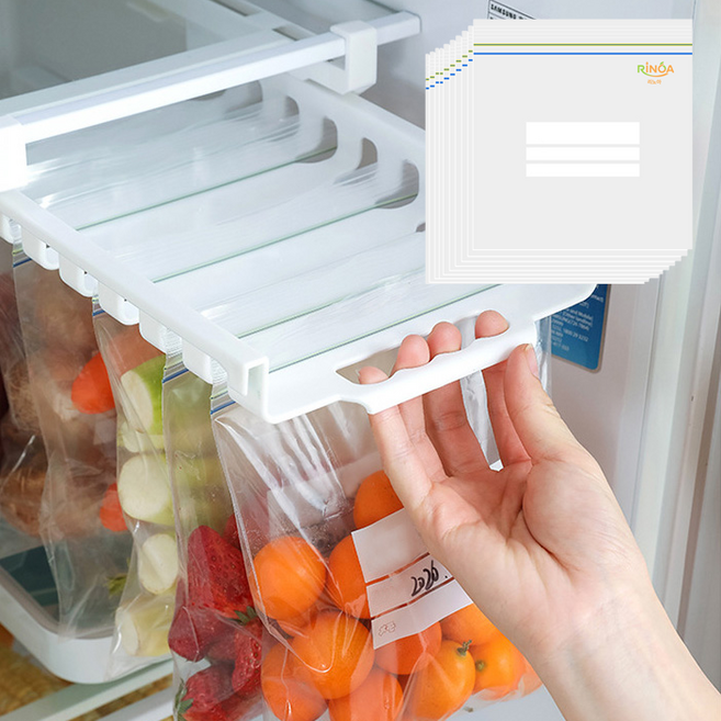 리노아 냉장고 정리 레일형 서랍식 수납걸이 길이조절 무타공 정리선반 공간활용 지퍼백 걸이 지퍼백 포함, 1개, 화이트