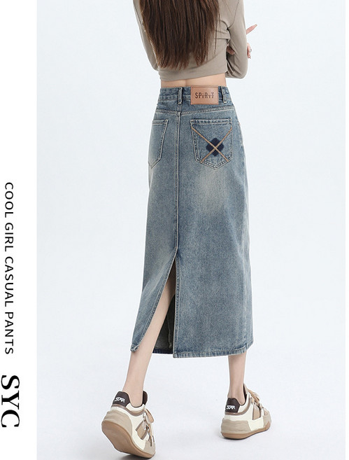 류룡 여성용 캐주얼 뒤 트임 미디 데님 스커트