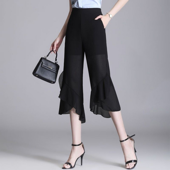 페이준 여성 여름 쉬폰 나팔바지 하이웨스트 밴딩 와이드 댄스바지 7부/9부 YFC947