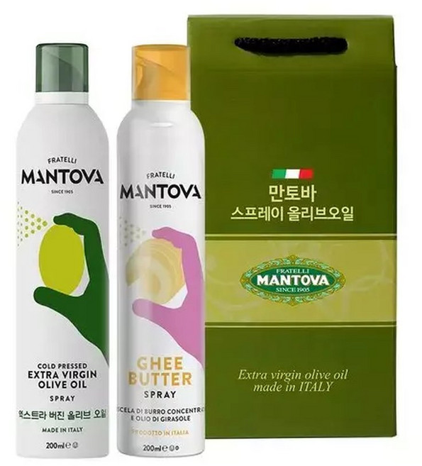 만토바스프레이 2입 선물세트 엑스트라버진 올리브오일 오리지널 200ml + 기버터 200ml, [브랜드정품] 만토바 스프레이 2입 선물세트 엑스트라버, 1세트