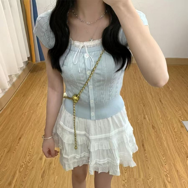 FINE ART 여성 니트 반팔 레이스 탑 스트링 니트 패치 반팔 리본 상의 슬림핏 여름 반팔