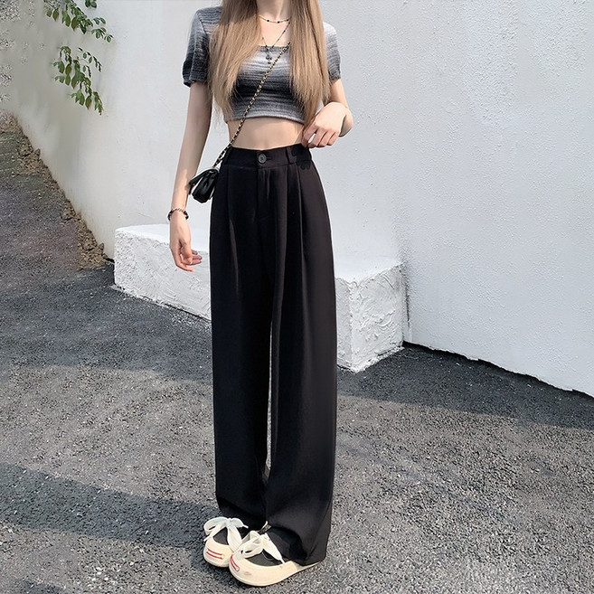韓版顯瘦垂墜感寬鬆高腰西裝褲 寬褲 女裝