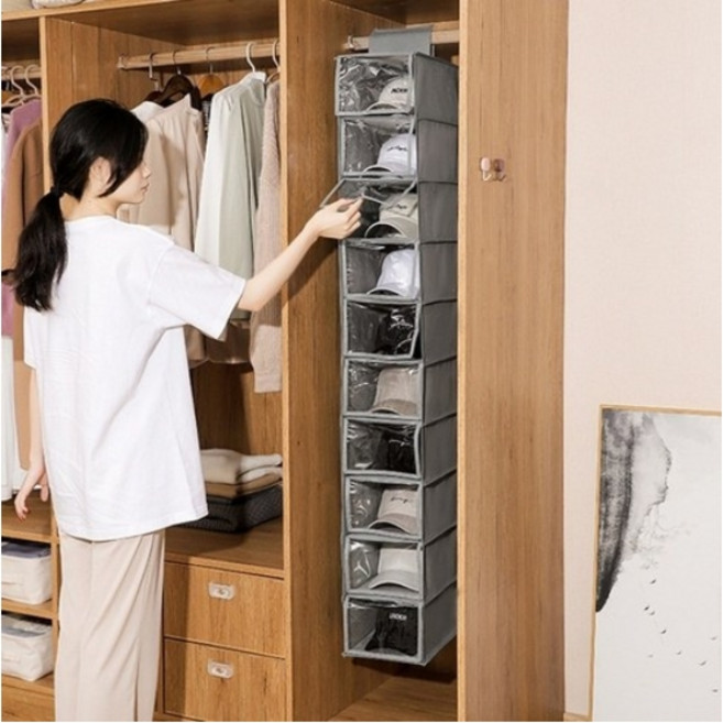 10단 와이드 모자 걸이 수납 보관함 행거용 다용도 정리함H361, 1개, 회색(10층 뚜껑 있는 수납백)