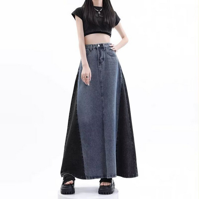 COSYEVNO 여성 데님 스커트 가을 빅사이즈 루즈핏 패션 빈티지 배색 하이웨스트 A라인 스커트 lyjnzbsq02