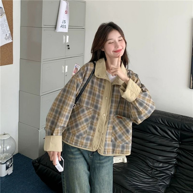 COSYEVNO 여성 자켓 봄 가을 양면 체크 단추 오버핏 패션 숏 코트