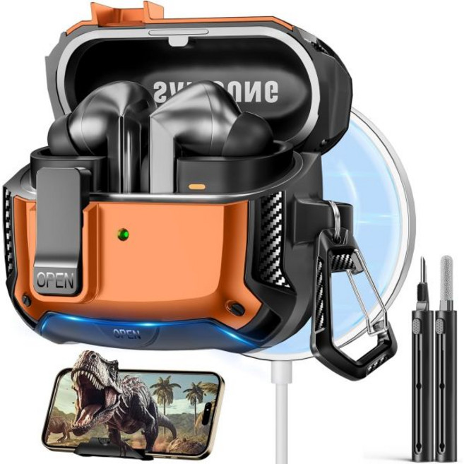 폴리슬라임 버즈 3 프로 케이스2024 버즈3 FE2025 및 잠금 클립 청소 키트 포함 -블랙, orange