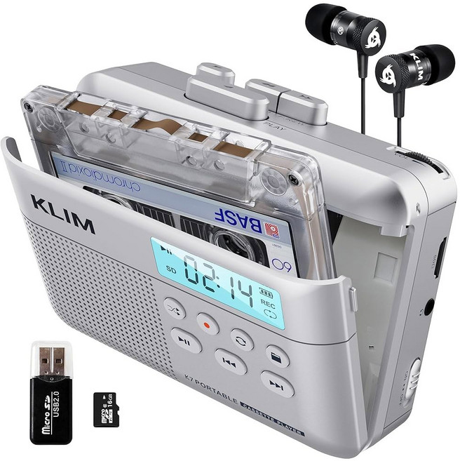 KLIM K7 카세트 테이프 플레이어 - 카세트에서 MP3로 변환기 휴대용 내장 마이크 및 스피커 충전식 배터리 이어폰 16GB SD 카드 실버, [ 598086 ] KLIM K7 카세트 테이프 플레이, Silver