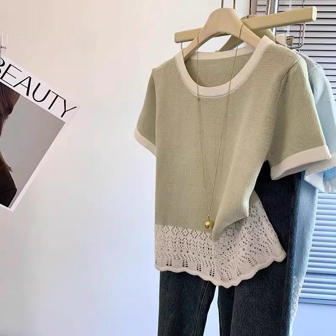 COSYEVNO 반팔 니트티 캐주얼 라운드 여름 여자 상의