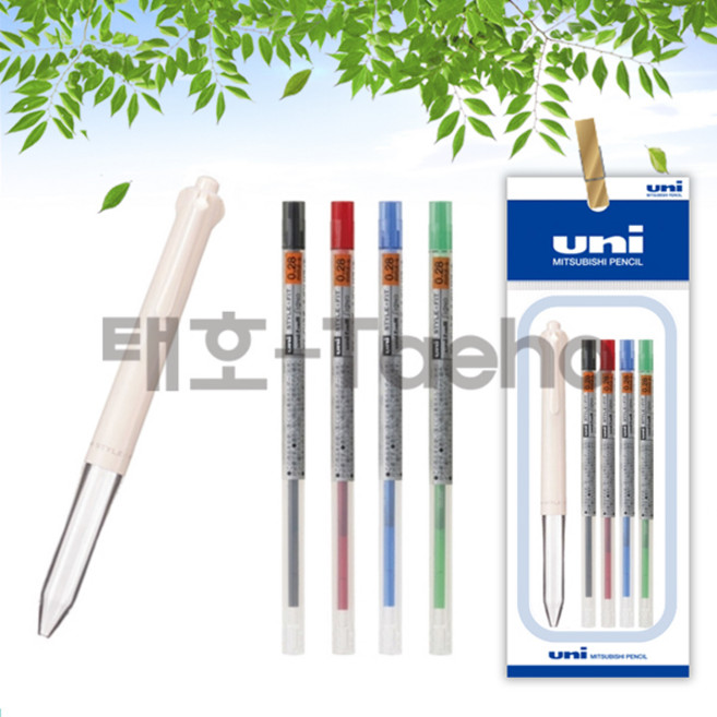 유니 스타일핏트 4색 홀더 + 0.28mm 리필 세트, 1세트, 4색홀더 아이보리+0.28 리필 블랙+블루+레드+그린