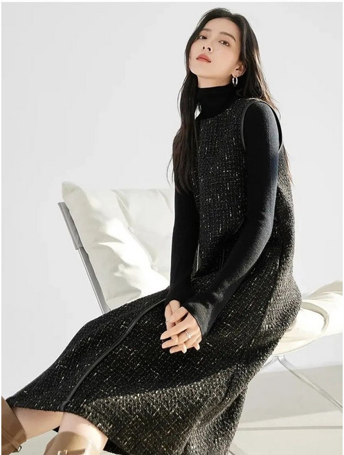 쩐쿠 여성 박시핏 빅사이즈 트위드 민소매 모직 원피스 6654