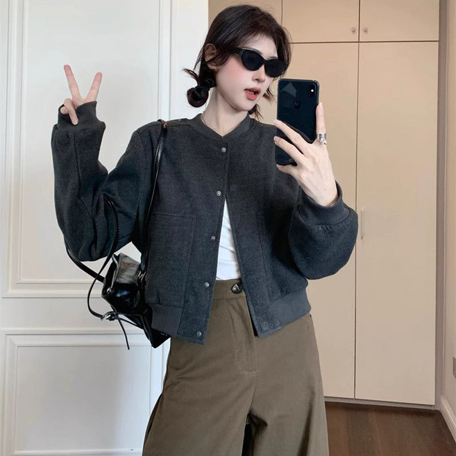 AOKADA 여성 야구 숏 자켓 라운드 오버핏 캐주얼 카디건