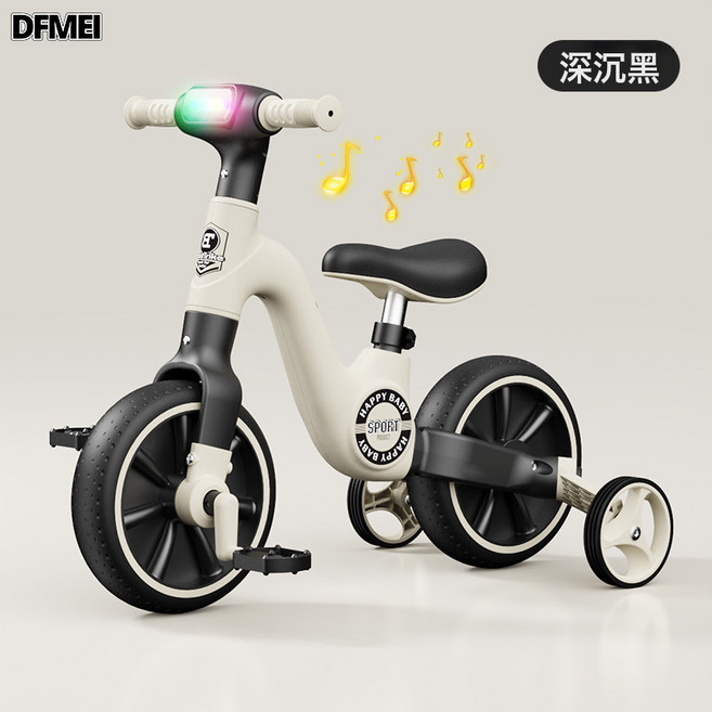 DFMEI 兒童平衡車多功能自行車男女孩三輪車音樂燈光腳踏車滑行車溜溜車, 1個, 騎士黑+音樂燈光+發泡靜音輪