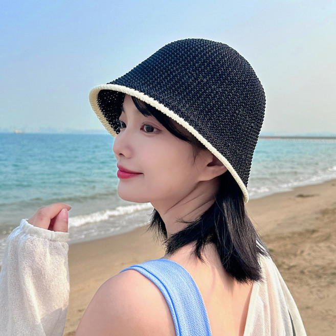 토리모 심플 배색 여름 벙거지 모자 라탄