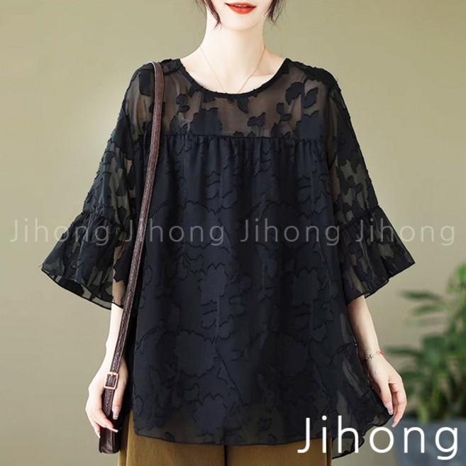 지홍 여름 빅사이즈 레이스 셔링 블라우스 오버핏 88 99 XXXL 아주큰