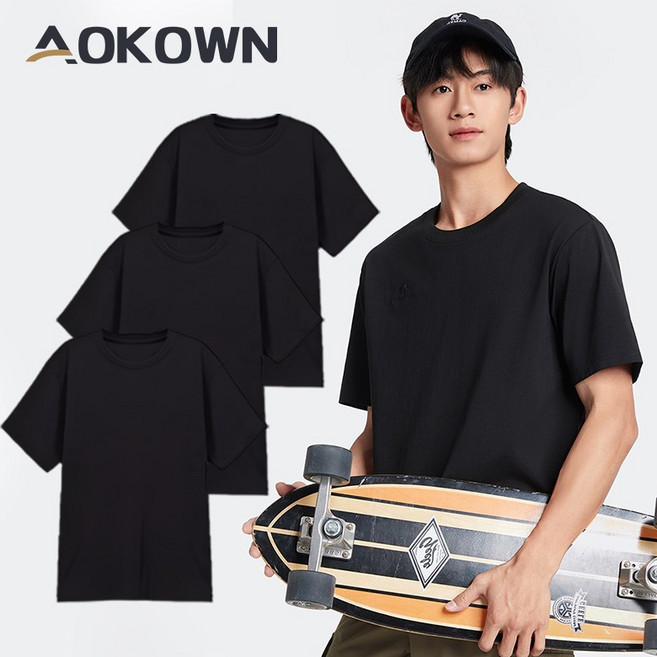 AOKOWN 남자 면티 반팔 흰색 3장 오가닉 면티셔츠