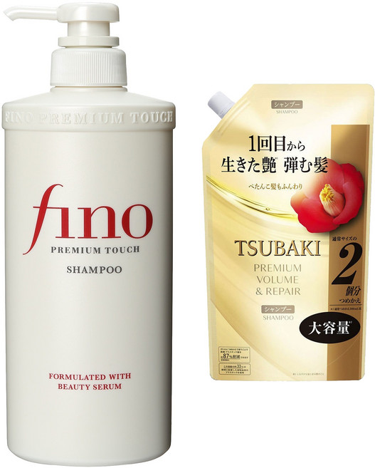 피노 프리미엄터치 샴푸 포뮬레이티드 뷰티 세럼 포함 550ml + 츠바키 프리미엄 볼륨 & 리페어 리필용 600ml, 1세트