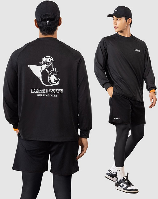 남자 루즈핏 래쉬가드 상의 + 반바지 레깅스 하의 수영복 비치웨어 세트