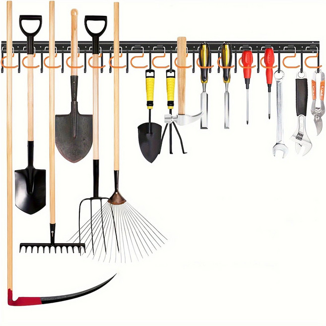 다용도 농기구 정리 벽선반 세트 조절형 트랙 후크 포함 수납 거치대, 블랙, 1개