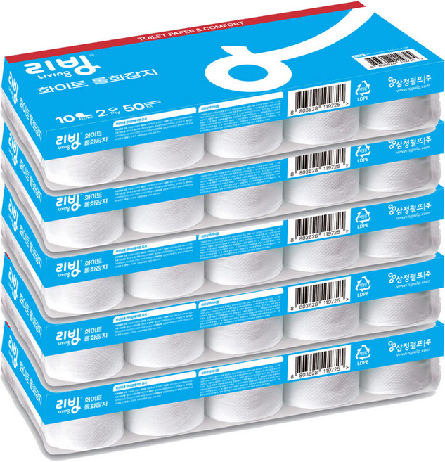 삼정펄프 리빙 화이트 롤 화장지 50m 10롤 5개