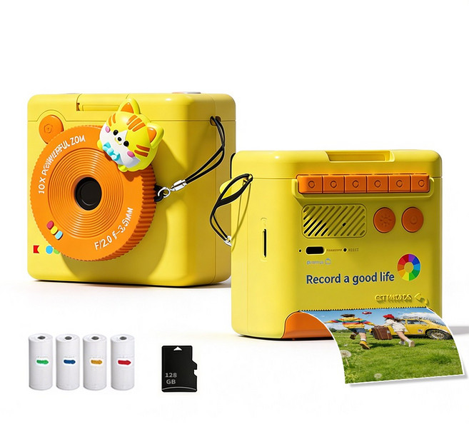 프린트 카메라 즉석카메라128GB SD카드+카드리더기+인화지4롤 포함, 노란