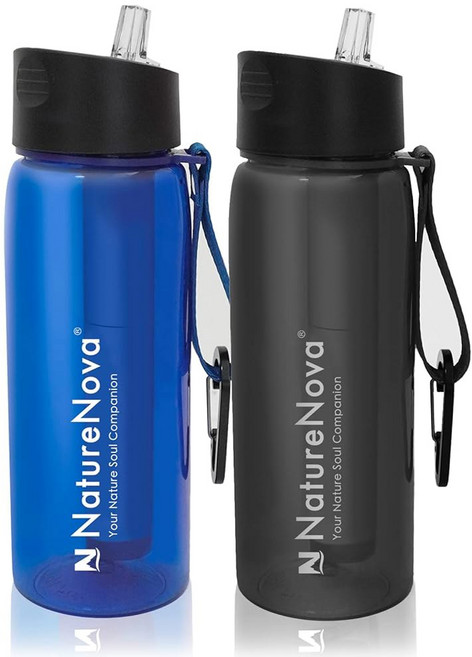 캠핑 하이킹 배낭여행 비상 및 여행을 위한 4단계 통합 필터 빨대가 포함된 네이처노바 워터 보틀 BPA 프리 블랙 650ml, black/blue-2, 1개