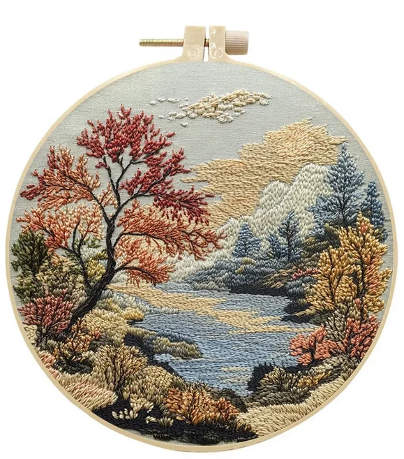 Eforcase 성인 초보자를 위한 자수 스타터 키트 풍경 나무 산 강 꽃 자연 풍경 패턴 십자수 핸드 자수 세트