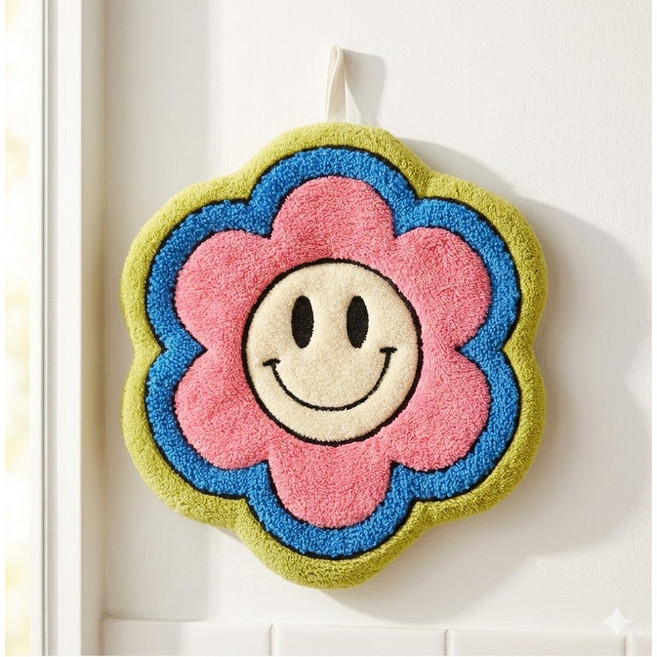 후암마켓 플라워 스마일 극세사 주방수건 욕실 고리형 핸드타올, 1개, 핑크