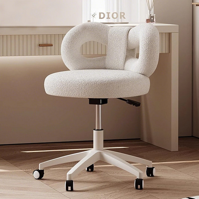 귀여운 램스울 리본 높이 조절 화장대 의자 편한 푹신한 의자, 1개, 화이트