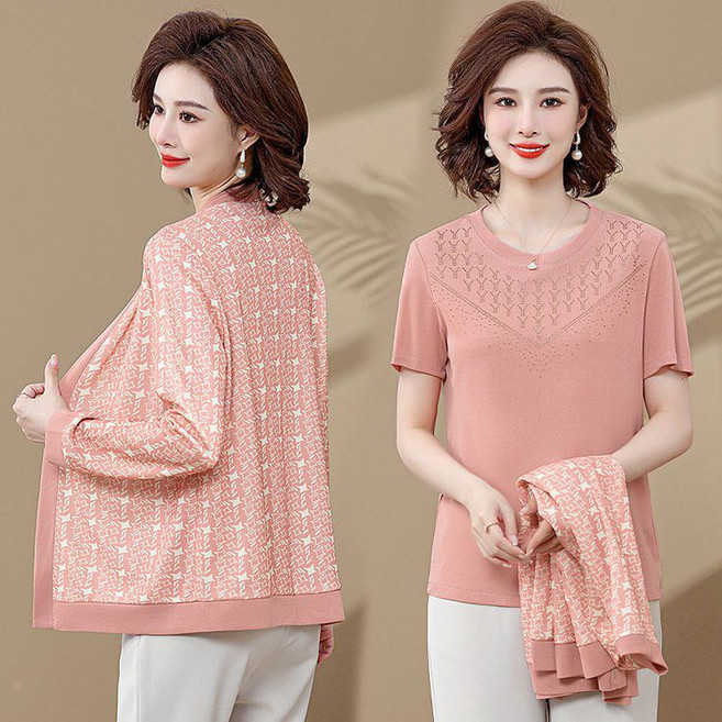 봄 가을 중년 여성 가디건 세트 캐주얼 긴팔티 + 니트 가디건 투피스 세트 기질 엄마 상의 CY