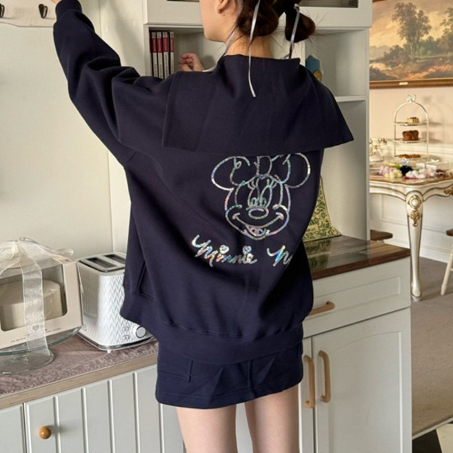 미니마우스 세라집업)세라카라 반짝이 프린팅 그림 영문레터링 프린트 박시한 루즈핏 박스핏 오버핏 퍼프세라 세라퍼프넥 회색