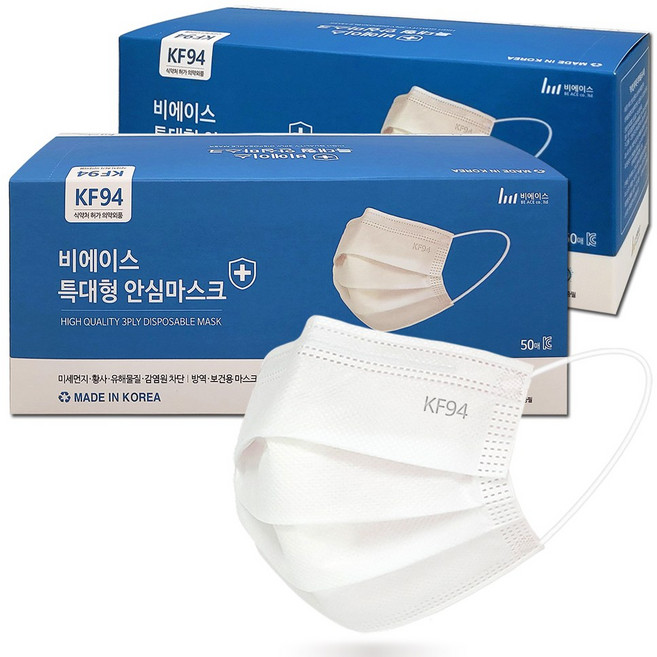 KF94 덴탈형 마스크[특대형] / 자외선차단 항균 소재, 화이트, 2개, 50매입
