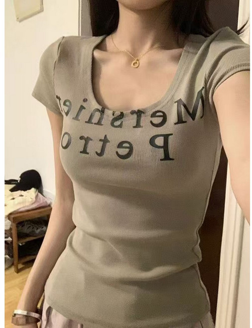 美式復古字母印花U領短袖T恤女夏季新款設計感純欲風上衣