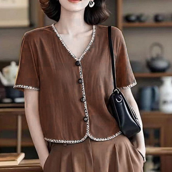 간팔 /반팔 가디건 크롭 셔츠 봄 가을 브이넥 블라우스 봄 가을 여름 남방 빅사이즈 여성상의 WAWAMIYA