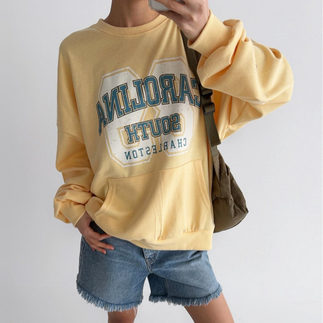 R143 캐롤 포켓맨투맨 캥거루포켓맨투맨 루즈핏 빅사이즈 레터링 봄신상 긴팔